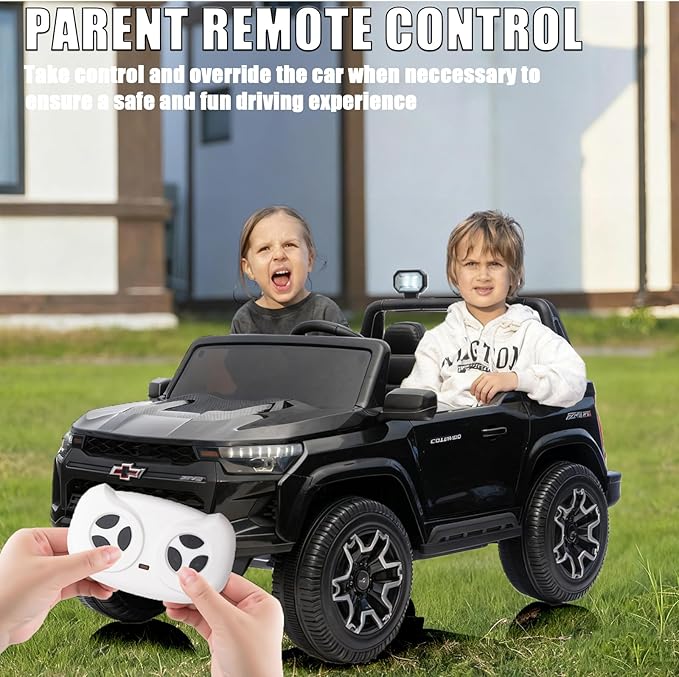 POSTACK Official License Chevrolet 24V 7Ah Big Battery Powered Kids Ride On Toy Car 2-Seater Truck with Remote Control,LED Bright Lights and Music Play Children Gifts for Boys and Girls Black
