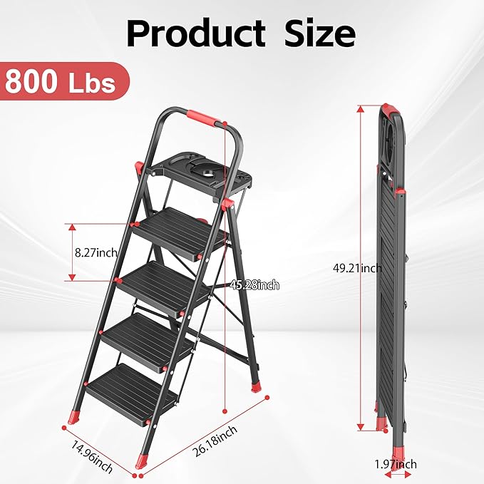 4 Step Foldable Step Ladder with Mutifunctional Tool Tray, Platform Ladders Stepstools, Step Stool 4 Step Folding with Non-Slip Pedals, 800lbs Bearing Capacity for Adults, Home, Kitchen, Black Red