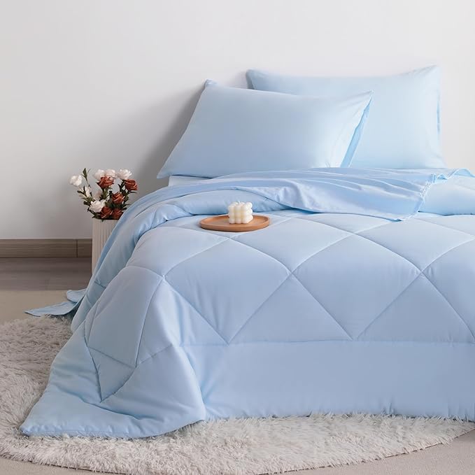 FLXXIE 5 Pieces Toddler Bedding Set, Soft and Breathable Microfiber Crib Sheet Set, Includes Quilted Comforter, Flat Top Sheet, Fitted Sheet, Envelope Pillow Case for Boys and Girls, Aqua