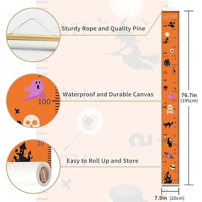 Halloween Baby Height Growth Chart - Canvas Height Chart for Kids Baby Child Toddler Boys Girls Growth Chart for Wall Room Nursery Decor Hangable and Removable Measuring Wall Ruler (C, Beige Wood)