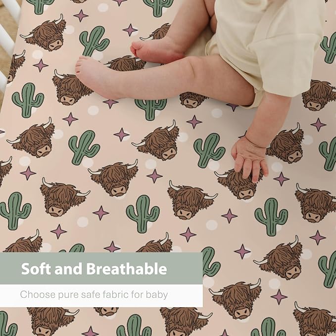 Western Highland Cows Baby Crib Sheets for Boy Girl 52x28Inch Boho Cows Cactus Stars Soft Snug Fitted Crib Mattress Covers Country Farm Animals Baby Sheet for Standard Crib & Toddler Bed Mattress