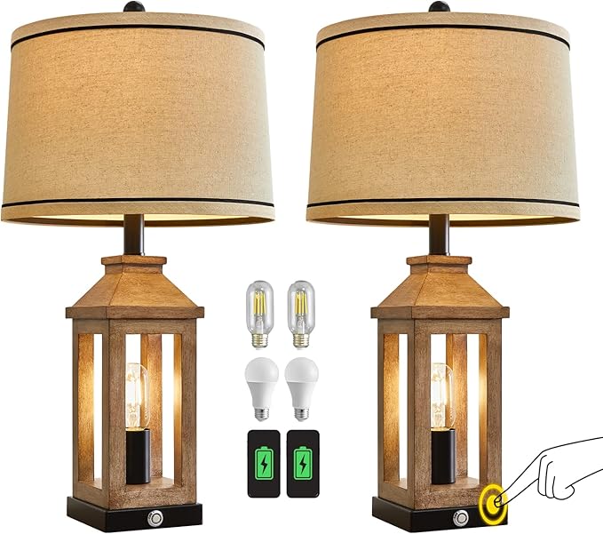 G-SAFAVA 23.75" Farmhouse Dual USB Charging Ports 3-Way Dimmable Touch Control Table Lamp with Nightlight Vintage Modern Lamps for Living Room Bedroom