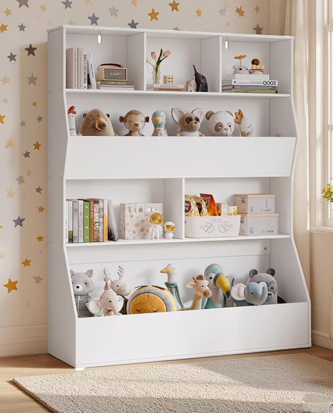 Arlopu Kids Bookshelf & Toy Storage Organizer, 4 Tier Wooden Cabinet with Open Design, Toddler-Friendly Bookcase for Playroom, Nursery, Classroom, Kindergarten (White)