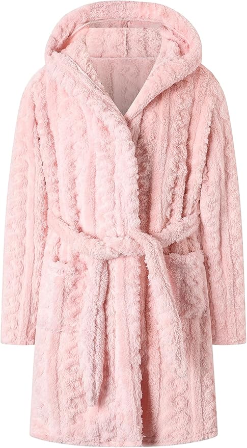 Umeyda Girls & Womens Twist Fleece Robes, Hooded Soft Warm Bath Robe for Kids Womens Fuzzy Bathrobe for Gifts
