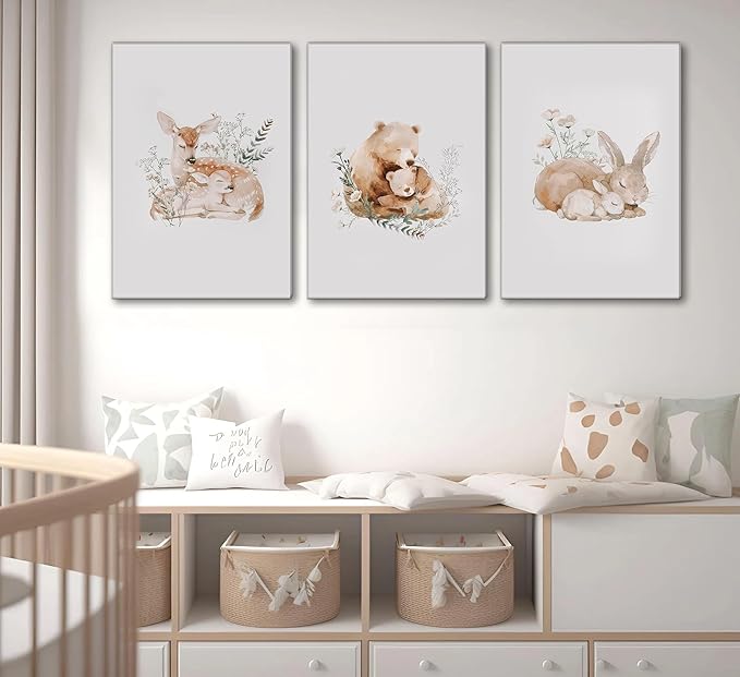 3 Pcs Animal Nursery Canvas Wall Art Watercolor Baby Animals with Wildflowers Painting Picture Wall Decor Cute Rabbit Bear Deer Nursery Paintings Artwork for Kids Room Baby Room Home Decoration