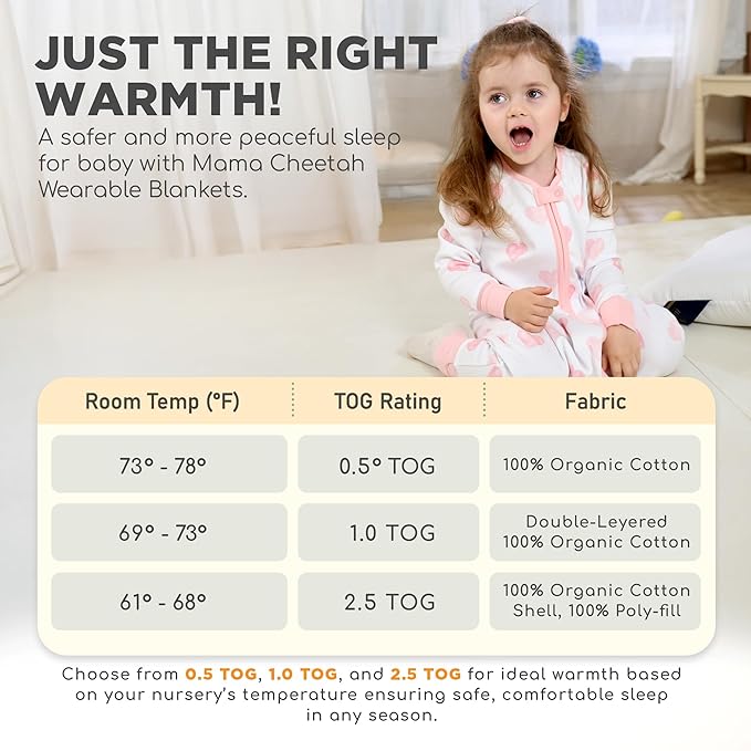 Mama Cheetah Toddler Sleep Sack with Feet, Long Sleeve 0.5 TOG Organic Cotton Baby Sleeping Bag with Legs, Wearable Blanket for Walkers w/ 2-Way Zipper, Toddler Blanket for Girls & Boys 3-4T