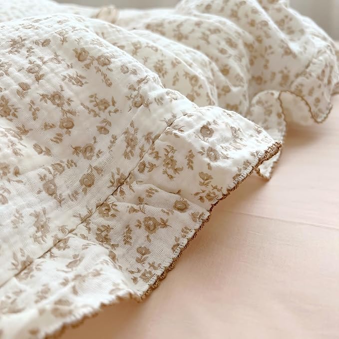 BuLuTu Muslin Duvet Cover for Queen Size Bed, Vintage Farmhouse Bedding Camellia Floral Quilt Cover with Ruffles, Soft Cotton Comforter Cover 90"x90", Zipper & Corner Ties, No Pillow