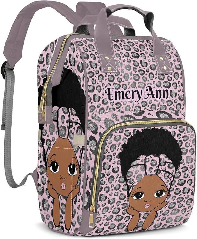 Personalized Leopard Afro Girl Custom with Name Diaper Bag Backpack For Baby Boy Girl Dad Mom Unisex for Adult Daypack Holiday Gift