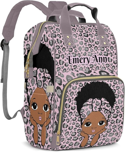 Personalized Leopard Afro Girl Custom with Name Diaper Bag Backpack For Baby Boy Girl Dad Mom Unisex for Adult Daypack Holiday Gift