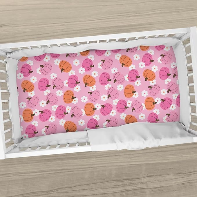 Autumn Pumpkin Boho Floral Baby Crib Sheets Fall Pumpkin Flowers Fitted Crib Mattress Cover Autumn Thanksgiving Harvest Toddler Baby Sheet for Standard Crib 28x52in