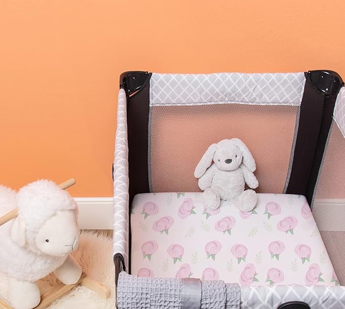 TotAha Premium Stretchy Pack N Play Playard Sheets | Mini Crib Sheets (2-Pack) -Hypoallergenic, Silky Comfort, Buttery Soft, Calming Effect, All-Season Jersey-Knit (Pink Buds & Green Leaves)