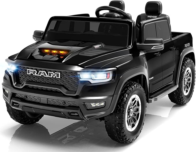 Licensed RAM 1500 RHO 2 Seater Electric Car, 24V Ride on Car for Big Kids with Remote Control, Toddler Ride on Toy w/4 Wheels Suspension, LED Lights, Bluetooth, Soft Start Function (Black)
