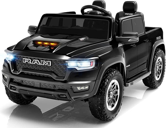 Licensed RAM 1500 RHO 2 Seater Electric Car, 24V Ride on Car for Big Kids with Remote Control, Toddler Ride on Toy w/4 Wheels Suspension, LED Lights, Bluetooth, Soft Start Function (Black)