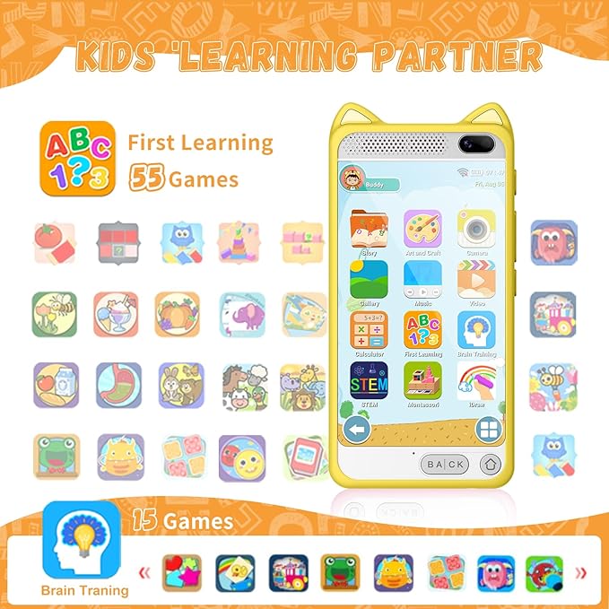 Kids Phone, 3.97" Touchscreen Toddler Smartphone Learning Toys, Fake Play Toy Phone with Music Player Educational Games，Christmas Birthday Gifts for Girls Age 3-12, 8G SD Card（Yelllow）
