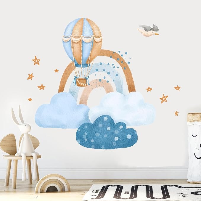Ollaland Hot Air Balloon & Clouds Wall Decals - Peel and Stick Watercolor Rainbow Stars Bird Wall Stickers, Decor for Baby Nursery, Toddler & Kids Bedroom Walls