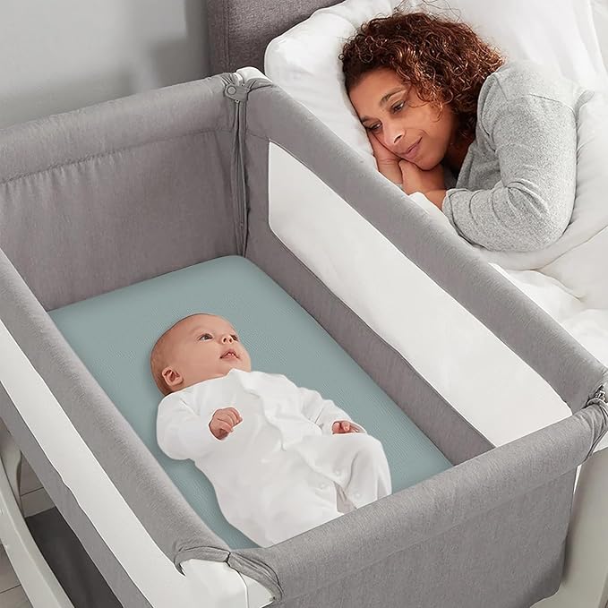 Muslin Bassinet Fitted Sheets 2 Pack, 100% Cotton Baby Cradle Sheets in Solid Green & Gray, Soft Breathable Mattress Covers for Boys & Girls, Fit Hourglass, Oval & Rectangle Pads