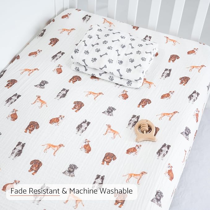 LollyBanks Muslin Crib Sheet 1 Pack, 100% Cotton Soft and Breathable Baby Crib Sheets for Boys and Girls, Fits Standard 52"x28" Mattress, Neutral Baby Bedding Essentials for Registry (Dogs Print)