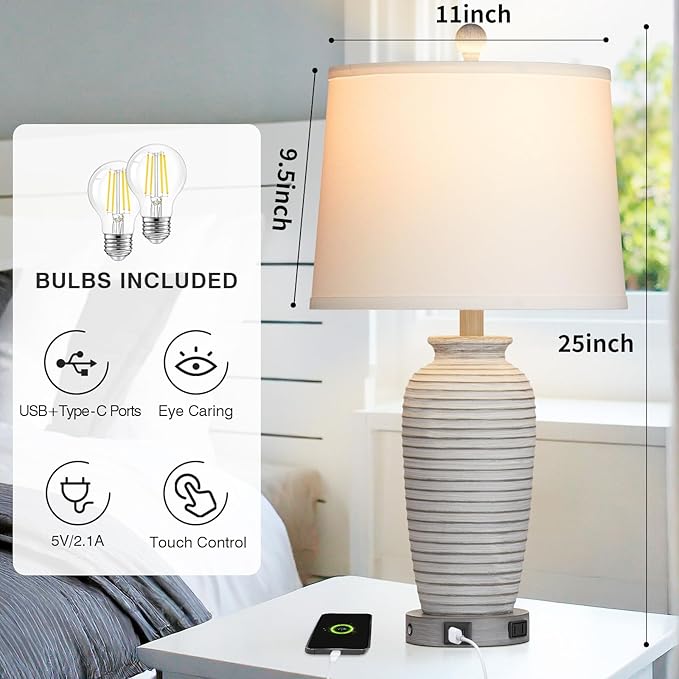 CINSARY 25" Farmhouse Jar Table Lamps Set of 2, 3 Way Touch Control Rustic Bedside Lamps with USB A+C Ports & AC Outlet, Pot Nightstand Lamps for Bedroom Living Room (LED Bulbs Included)