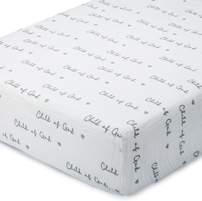 LollyBanks Muslin Crib Sheet 1 Pack, 100% Cotton Baby Crib Sheet for Boys and Girls, Soft and Breathable Neutral Baby Fitted Sheets for Standard 52"x28" Mattress, Registry (Child of God Print)