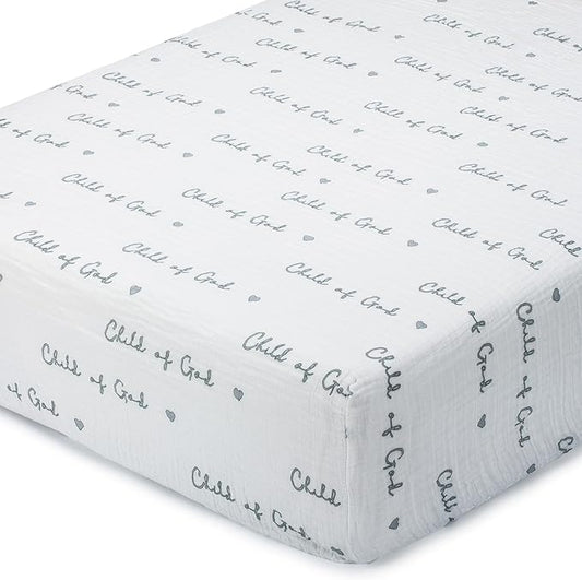 LollyBanks Muslin Crib Sheet 1 Pack, 100% Cotton Baby Crib Sheet for Boys and Girls, Soft and Breathable Neutral Baby Fitted Sheets for Standard 52"x28" Mattress, Registry (Child of God Print)