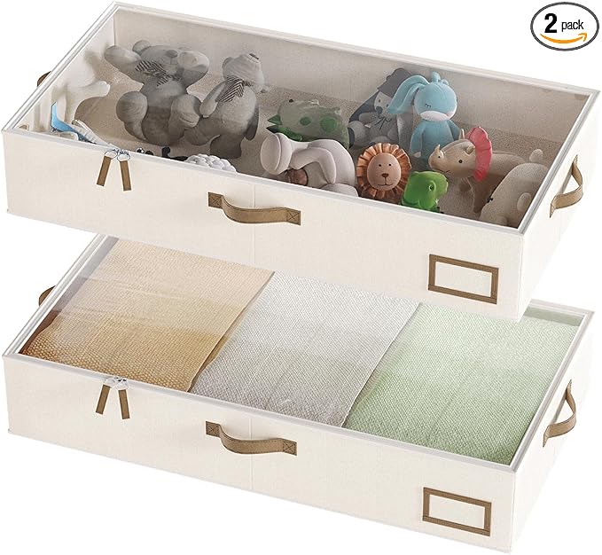 COYACOOL Under Bed Storage, Under Bed Storage Containers Bins for Clothes, Large Linen Underbed Closet Organization Bins, 2 Pack Collapsible Underbed Bin Dorm for Clothes, Sweater, Beige