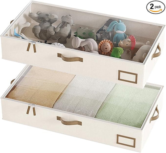 COYACOOL Under Bed Storage, Under Bed Storage Containers Bins for Clothes, Large Linen Underbed Closet Organization Bins, 2 Pack Collapsible Underbed Bin Dorm for Clothes, Sweater, Beige