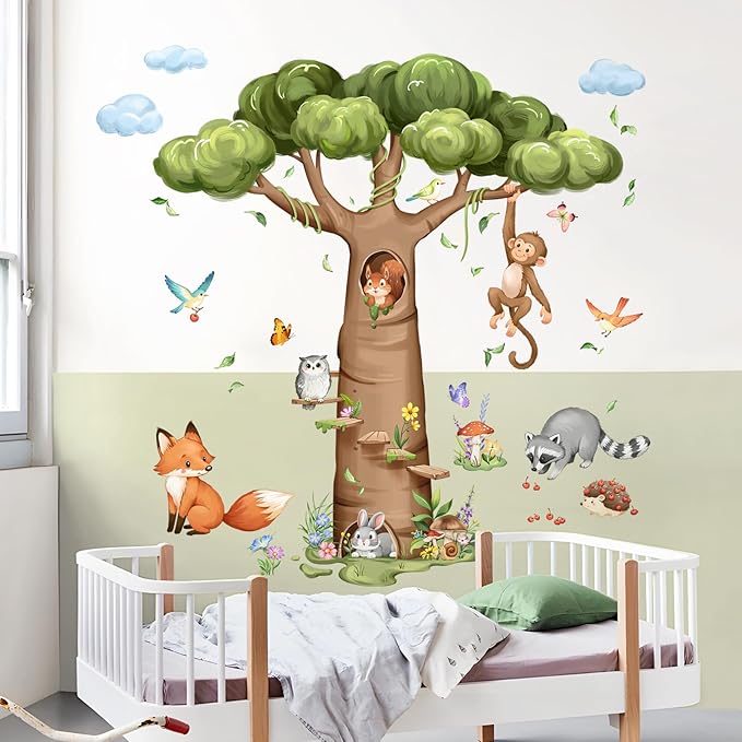 Tanlaby Woodland Animal Tree Wall Decals Rabbit Fox Monkey Baobab Tree Wall Stickers Peel and Stick Art Decor for Baby Nursery Kids Bedroom Toddler Room Decor, 38in H