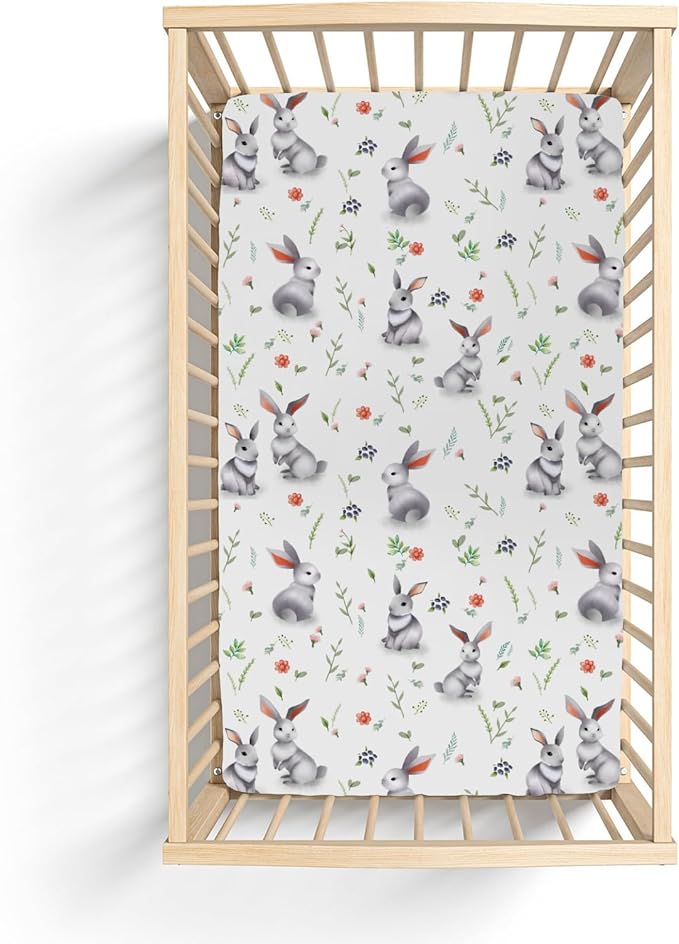 Easter Spring Bunny Flowers Baby Crib Sheets for Boy Girl 28"x52" Rabbit Boho Wildflower Soft Snug Fitted Crib Mattress Cover Garden Animal Nursery Baby Sheet for Standard Crib and Toddler Mattress
