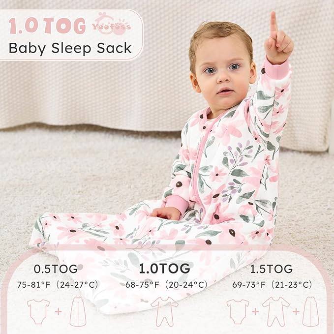 Yoofoss Baby Sleep Sack 6-12 Months 1.0 Tog Long Sleeve Sleep Sack Organic Cotton Wearable Blanket for Infants 2-Way Zipper Quilted Sleeping Sacks(Medium)
