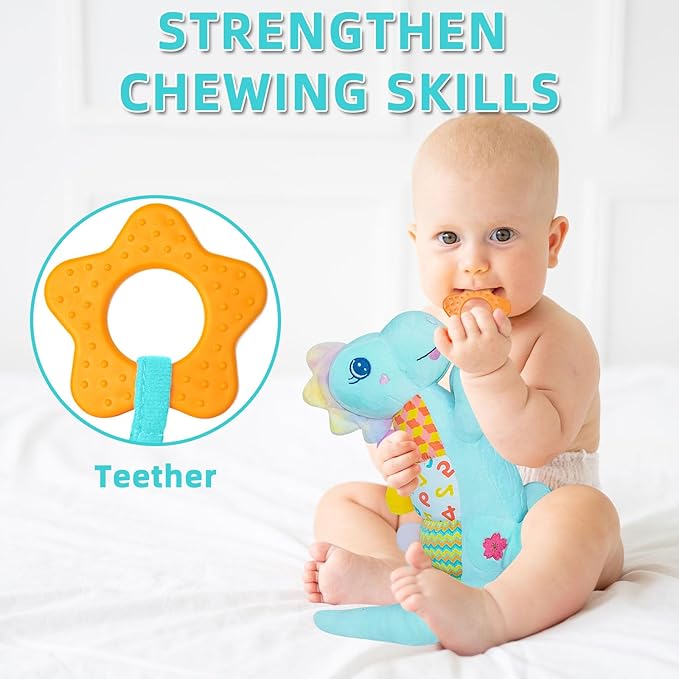 Baby Dino Musical Stuffed Animal Toys for 0-3-6-9-12 Months，Infant Dinosaur Tummy Time Toys with Crinkle Sound Paper,Teether，Textures & Rattles for Newborn Boys Girls Birthday Gifts，Blue