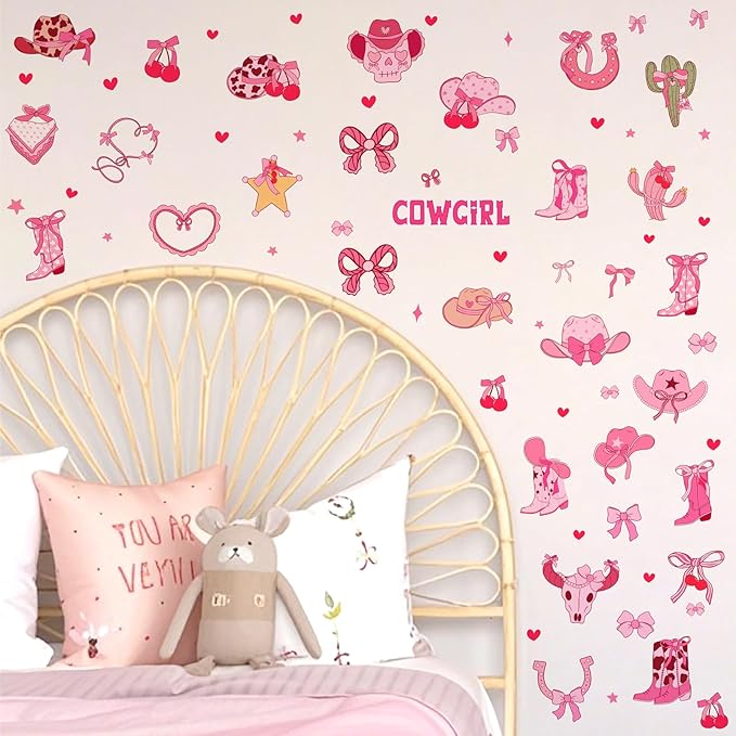 Cowgirl Stickers for Wall Cowgirl Balloon Arch Decoration Vinyl Decals Pink Girls Room Wall Decal Peel and Stick Western Hat Boot Sticker Retro Cherry Bow Art Murals for Kids Bedroom Farmhouse Gifts