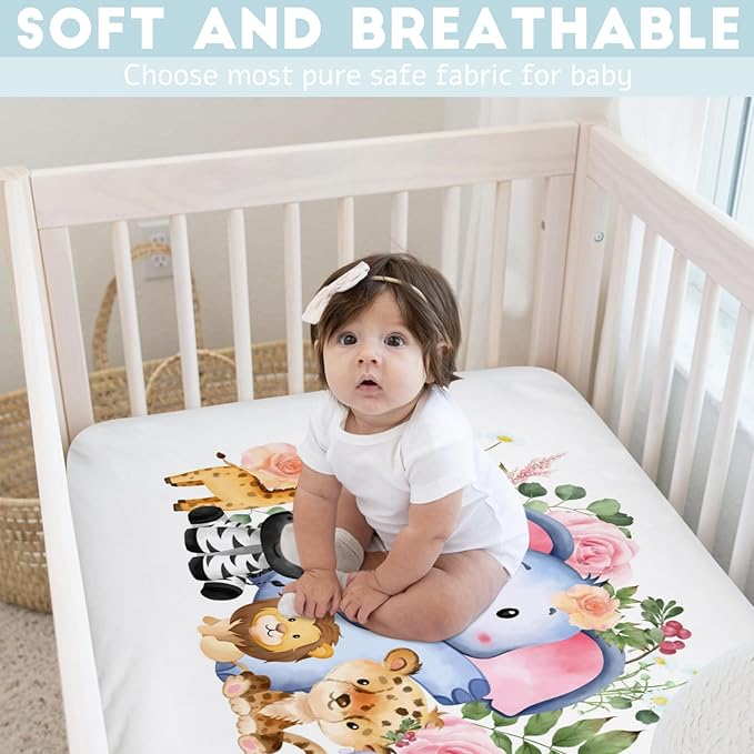 Baby Jungle Safari Animals Tropical Leaves Flowers Baby Crib Sheets 52''x28'' Stretchy Fitted Crib Mattress Sheet for Boy Girl Nursery Baby Crib Sheets for Standard Crib and Toddler Mattress