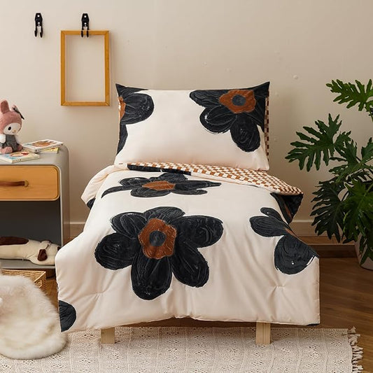 KAREVER Flower Toddler Bedding Set Botanical Print 4 Pieces Crib Bed Set Kids White Black Floral Comforter Set