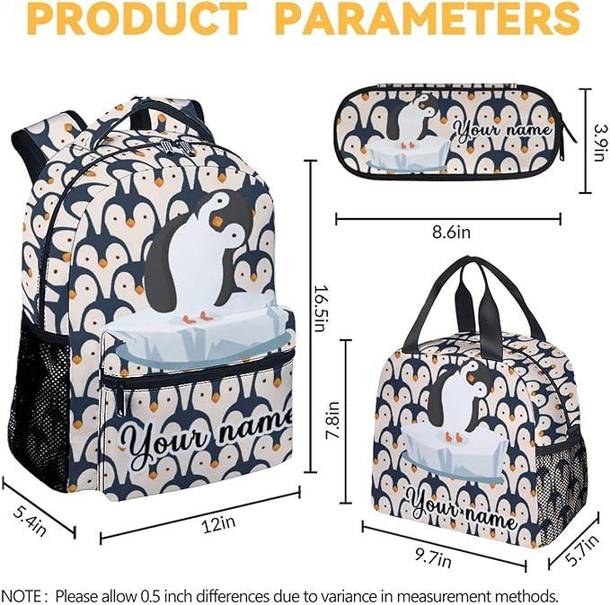 COOPASIA Personalized Penguin Backpack with Lunch Box and Pencil Case, 16 Inch Penguin Theme Bookbag with Adjustable Straps, Durable, Lightweight, Large Capacity, School Backpack for Girls Women
