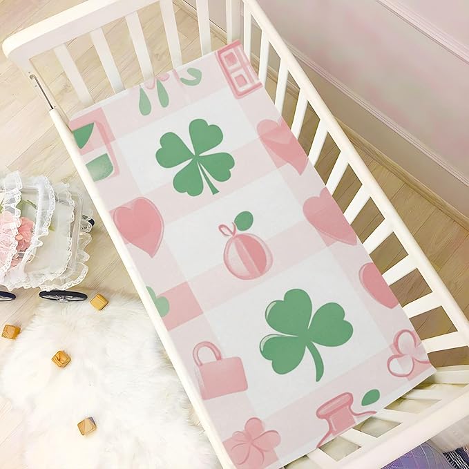 Pink Plaid St Patricks Day Clovers Hearts Crib Sheets Standard Crib Toddler Mattresses Cover Fitted Baby Bed Sheet Breathable Crib Mattress Sheet for Girls Boys 52" x 28"x5''