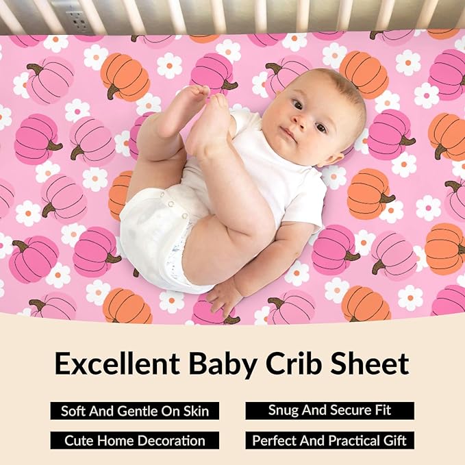 Autumn Pumpkin Boho Floral Baby Crib Sheets Fall Pumpkin Flowers Fitted Crib Mattress Cover Autumn Thanksgiving Harvest Toddler Baby Sheet for Standard Crib 28x52in