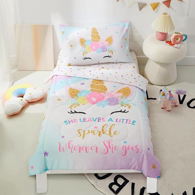 PINNKKU 4-Piece Toddler Bedding Set, Includes 1 Flat Sheet, 1 Fitted Sheet, 1 Comforter and 1 Reversible Pillowcase, Standard Toddler Comforter & Sheet Set, Ultra Soft Toddler Bed Set, Unicorn