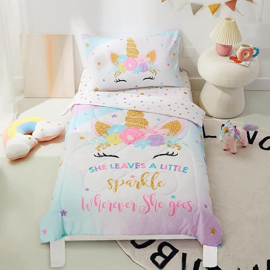 PINNKKU 4-Piece Toddler Bedding Set, Includes 1 Flat Sheet, 1 Fitted Sheet, 1 Comforter and 1 Reversible Pillowcase, Standard Toddler Comforter & Sheet Set, Ultra Soft Toddler Bed Set, Unicorn