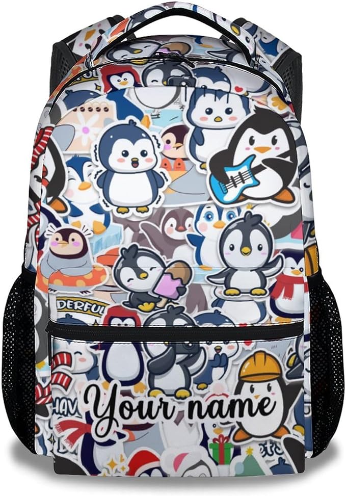 COOPASIA Personalized Cute Penguin Backpack, 16 Inch Animal Theme Bookbag with Adjustable Straps, Durable, Lightweight, Large Capacity, School Backpack for Kids Girls Boys