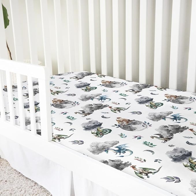 Watercolor Dragons Fairytale Baby Crib Sheets - 52''x28'' Dragon Wings Leaves Moon Clouds Stretchy Fitted Mattress Cover for Boy & Girl - Soft Nursery Bed Sheets for Standard & Toddler Mattress