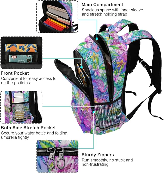 MNSRUU School Backpack with Chest Strap, Flamingo Tropical Bird Flower Laptop Backpack One Size