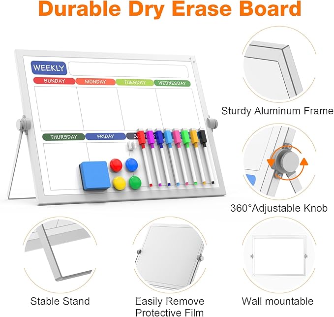 Laokiiy Weekly Dry Erase White Board, 16X12IN Magnetic Desktop Whiteboard Calendar with Stand, 8 Markers, 4 Magnets, 1 Eraser, Portable Double-Sided White Board Easel for Kids Memo to Do List Desk