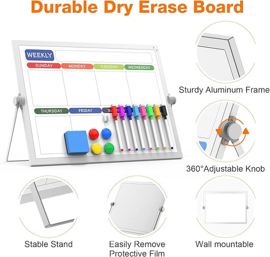 Laokiiy Weekly Dry Erase White Board, 16X12IN Magnetic Desktop Whiteboard Calendar with Stand, 8 Markers, 4 Magnets, 1 Eraser, Portable Double-Sided White Board Easel for Kids Memo to Do List Desk