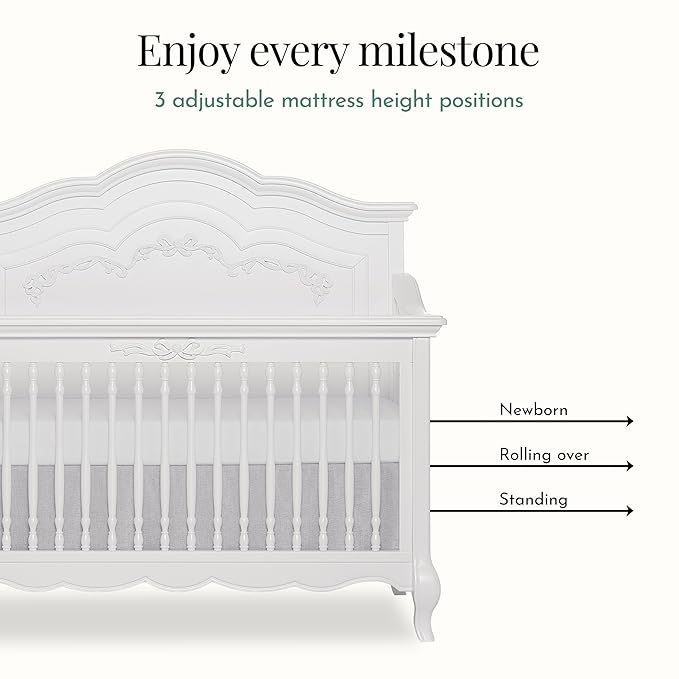 évolur Aurora 5-in-1 Convertible Full-Size Baby Crib in Frost White, GreenGuard Gold & JPMA, 3 Levels, Ribbon Bow Scrollwork & Queen Anne Feet, Converts to Toddler, Day & Full-Size Bed (Rails to Buy)