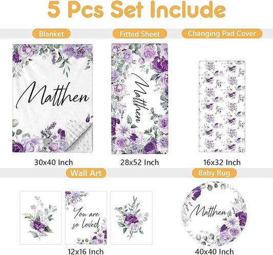 Personalized Baby Bedding Set - 5 Pcs Custom Toddlers Bedding Set with Infant Name - Soft Double Layer Nursery Crib Set for Girls Boys - Customized Infant Gifts for Baby Shower - Purple Flowers