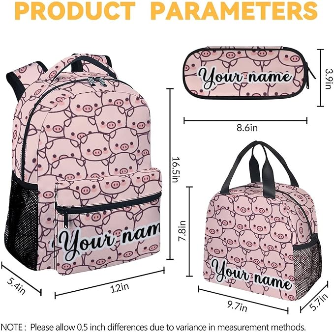 AIOMXZZ Personalized Pig Backpack with Lunch Box and Pencil Case, 16 Inch Cute Pig Bookbag Durable, Lightweight, Large Capacity, Funny Animal Backpack for School Girls Kids Women