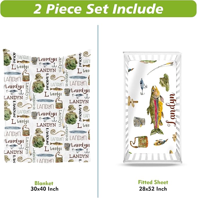 Personalized Baby Crib Bedding Set, Custom Name Fishing Theme Baby Bedding 2-Pcs Set - Soft Double Layer Dotted Blanket and Fitted Sheet, Nursery Bedding for Newborn Boys Girls, Perfect Shower Gift