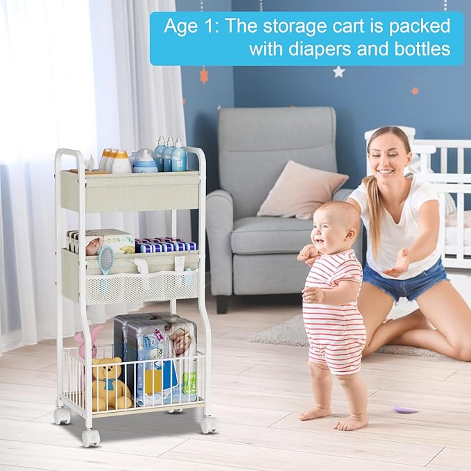 NEYCIL 3-tier Baby Diaper Caddy Organizer and Storage Cart with 4+3 Dividers, Metal Utility Cart with Lockable Wheels for Nursery, Bedroom, Bathroom, White