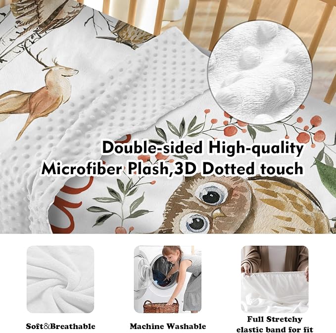 Custom Crib Bedding Set – Personalized Name Owl Baby Bedding 5-Piece Set with Soft Blanket, Fitted Sheet, Changing Pad Cover, Rug and Wall Art – Whimsical Woodland Nursery Decor for Boys Girls