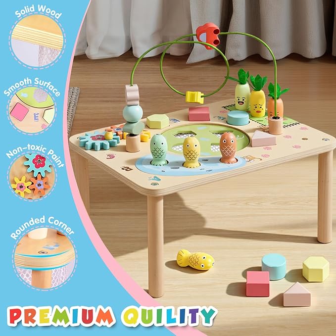 wingyz Activity Table, 6 in 1 Wooden Montessori Activity Center with Bead Maze Shape Sorter Fishing Game, Kids Sensory Play Table Toddler Toys 1st Birthday Gifts Boy Girl(Morandi-Square)